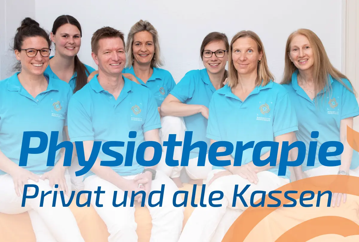 Bild mit Überschrift „Physiotherapie – Privat und alle Kassen". Gezeigt werden die zuständigen Therapeut*innen. Link zur Themenseite.